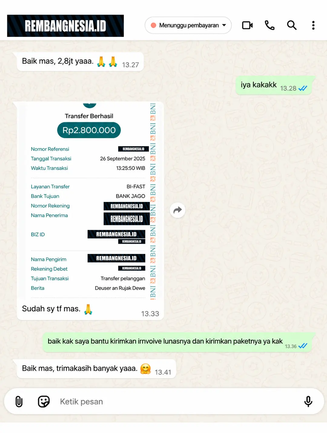 Testimoni pembeli Rembangnesia — sepuluh tangkapan layar percakapan WhatsApp berisi bukti transfer dan pesanan yang sudah diterima, dari komunitas, tim, dan brand yang pernah memesan.